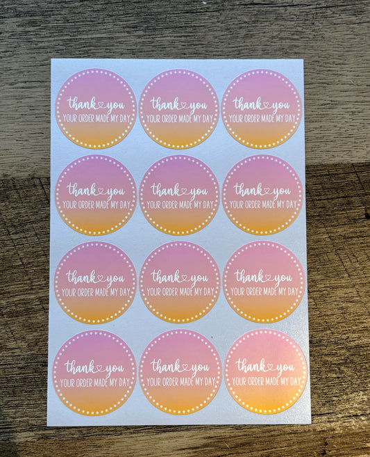 Thank you Your Order Made My Day Packaging Stickers - Pink Gradient